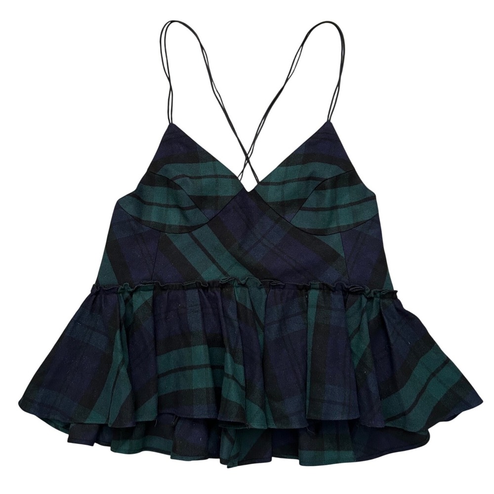 BASE MARK Plaid Silk Cotton Peplum Camisole Top Green Navy Japan Luxury designer